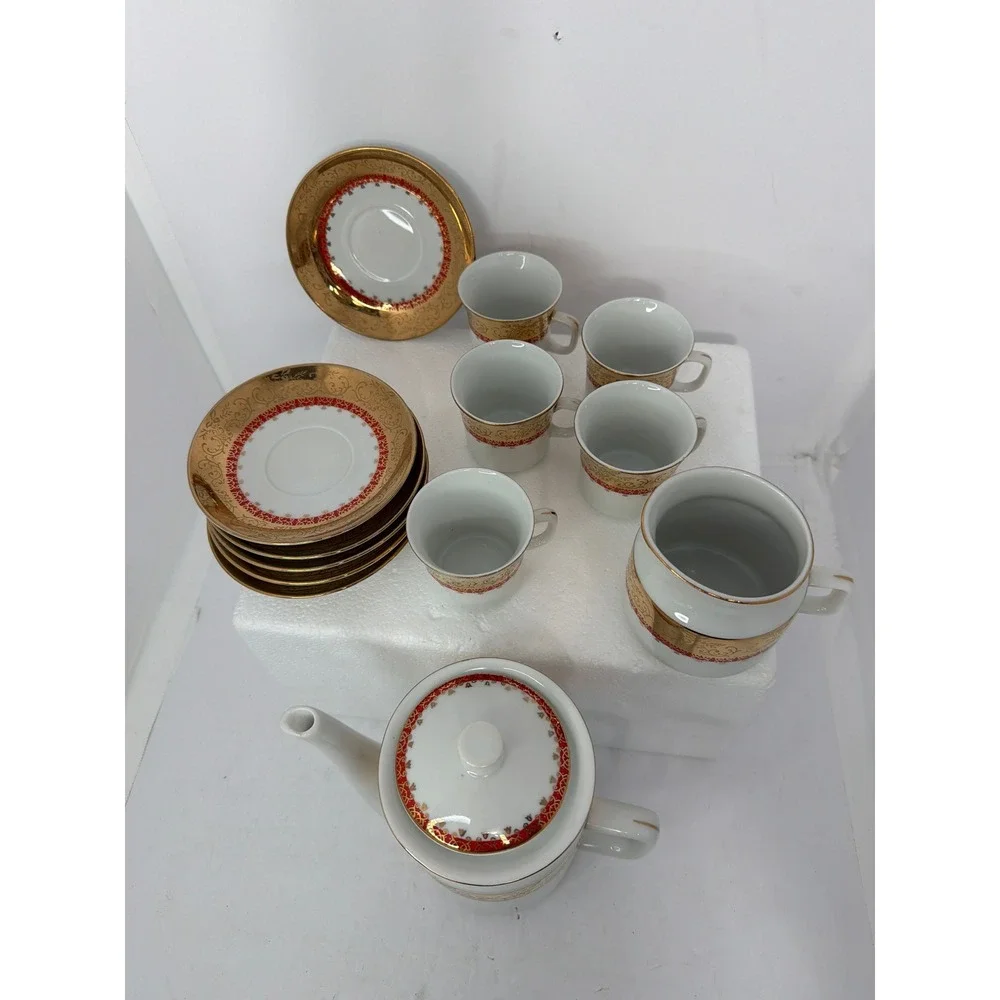 Vintage‎ Epiag Czechoslovakia Porcelain Coffee Tea Set Gold Red 13 Piece Set